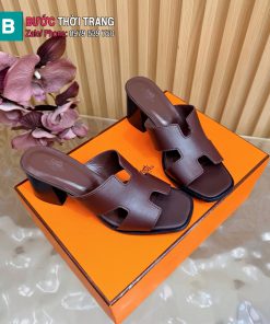 Dép HM chữ H cổ điển màu nâu socola chất liệu da bò cao cấp đế 5cm