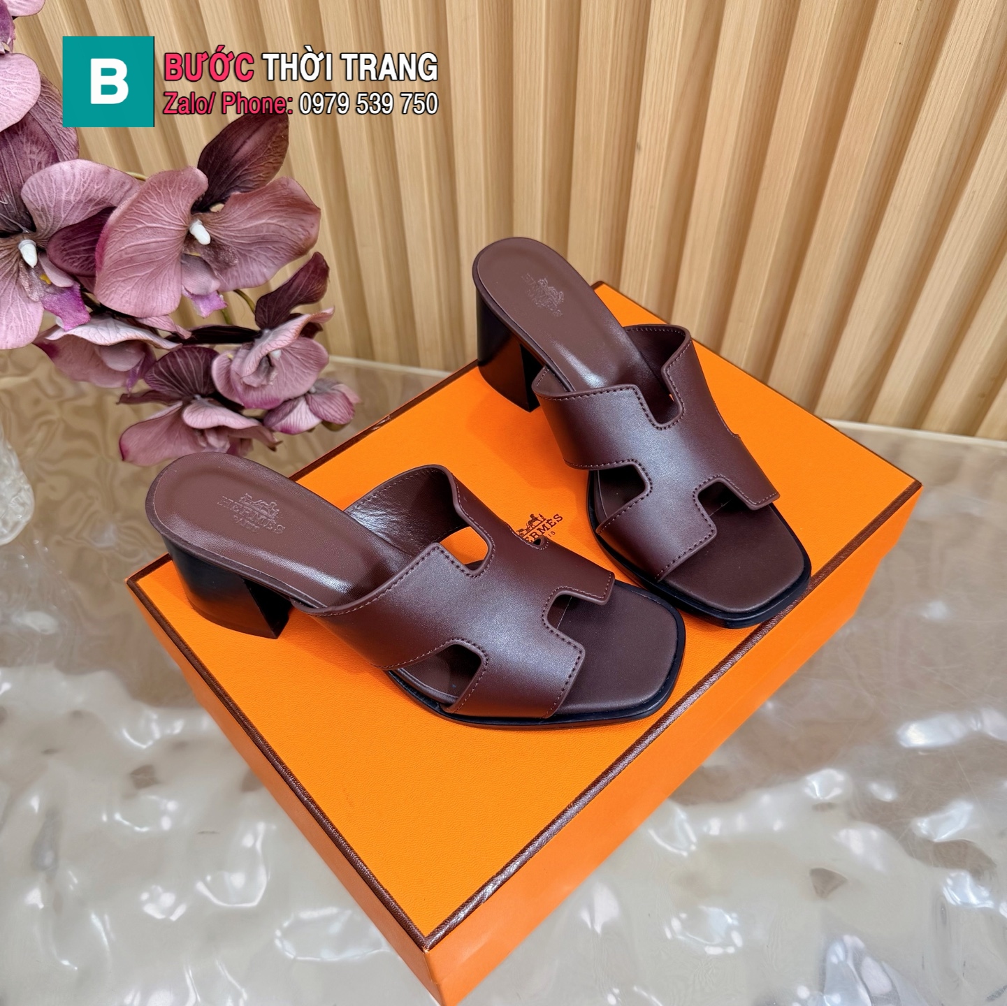 Dép HM chữ H cổ điển màu nâu socola chất liệu da bò cao cấp đế 5cm