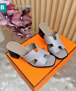 Dép HM chữ H cổ điển màu ghi chất liệu da bò cao cấp đế 5cm