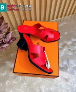 Dép HM chữ H cổ điển màu đỏ chất liệu da bò cao cấp đế 5cm