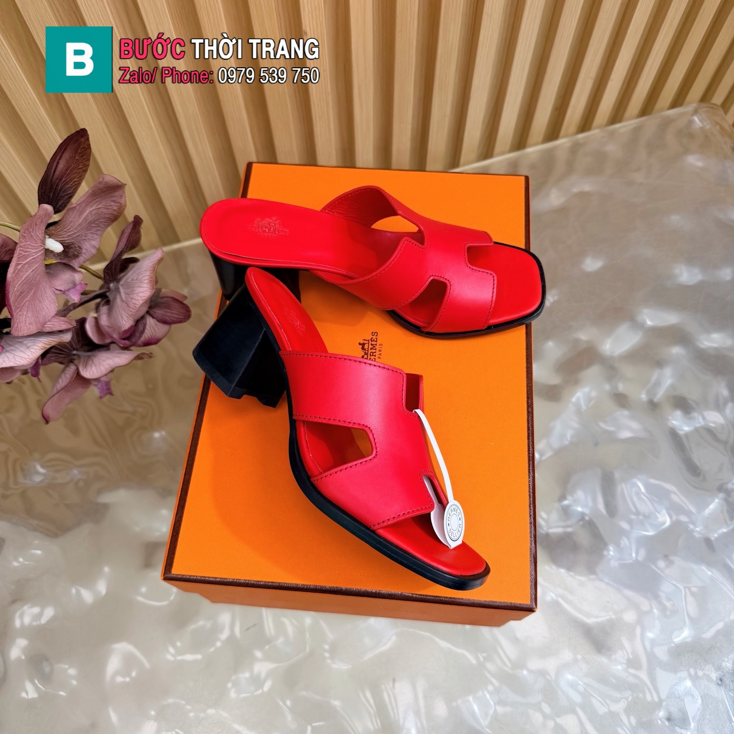 Dép HM chữ H cổ điển màu đỏ chất liệu da bò cao cấp đế 5cm