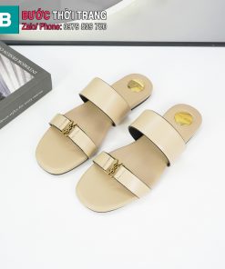 Dép da nữ YSL 2 quai đế bệt màu trắng ngà chất liệu da bê cao cấp
