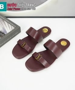 Dép da nữ YSL 2 quai đế bệt màu nâu socola chất liệu da bê cao cấp
