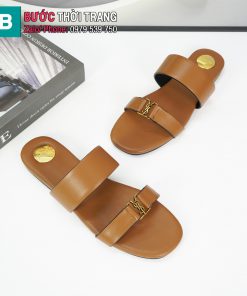 Dép da nữ YSL 2 quai đế bệt màu nâu chất liệu da bê cao cấp