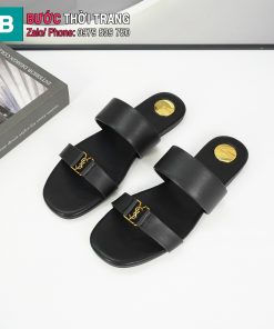 Dép da nữ YSL 2 quai đế bệt màu đen chất liệu da bê cao cấp