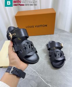 Dép mùa hè LV da bò thật cao cấp màu đen phong cách unisex