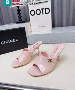 Dép mule cao gót CN màu hồng nhạt quai bản to cá tính đế 9cm