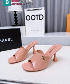 Dép mule cao gót CN màu be hồng quai bản to cá tính đế 9cm