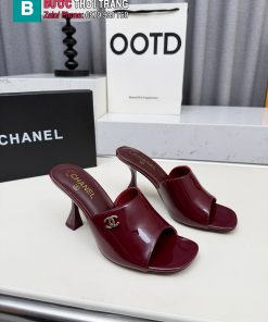 Dép mule cao gót CN màu nâu socola quai bản to cá tính đế 9cm