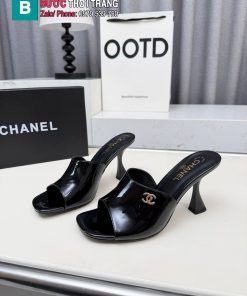 Dép mule cao gót CN màu đen quai bản to cá tính đế 9cm