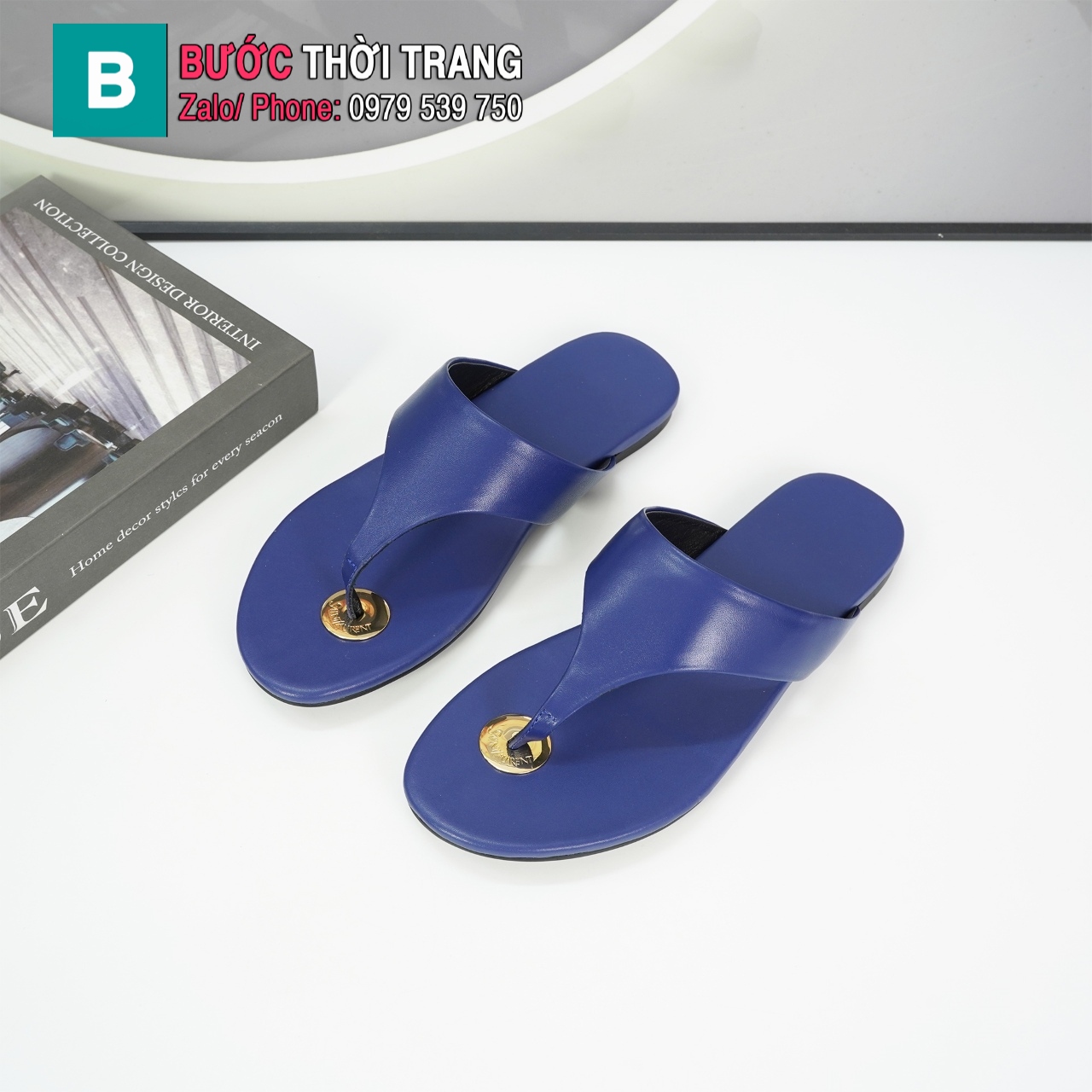 Dép xỏ ngón nữ YSL màu xanh navy phong cách tối giản chất liệu da bê mềm mịn