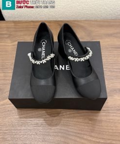 Giày búp bê nữ CN quai ngang đính đá lấp lánh màu đen đế 4cm