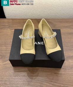 Giày búp bê nữ CN quai ngang đính đá lấp lánh màu nude đế 4cm