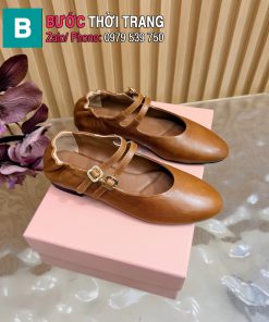 Giày búp bê ballet MIU MIU màu nâu da bò cao cấp 2 mắc cài
