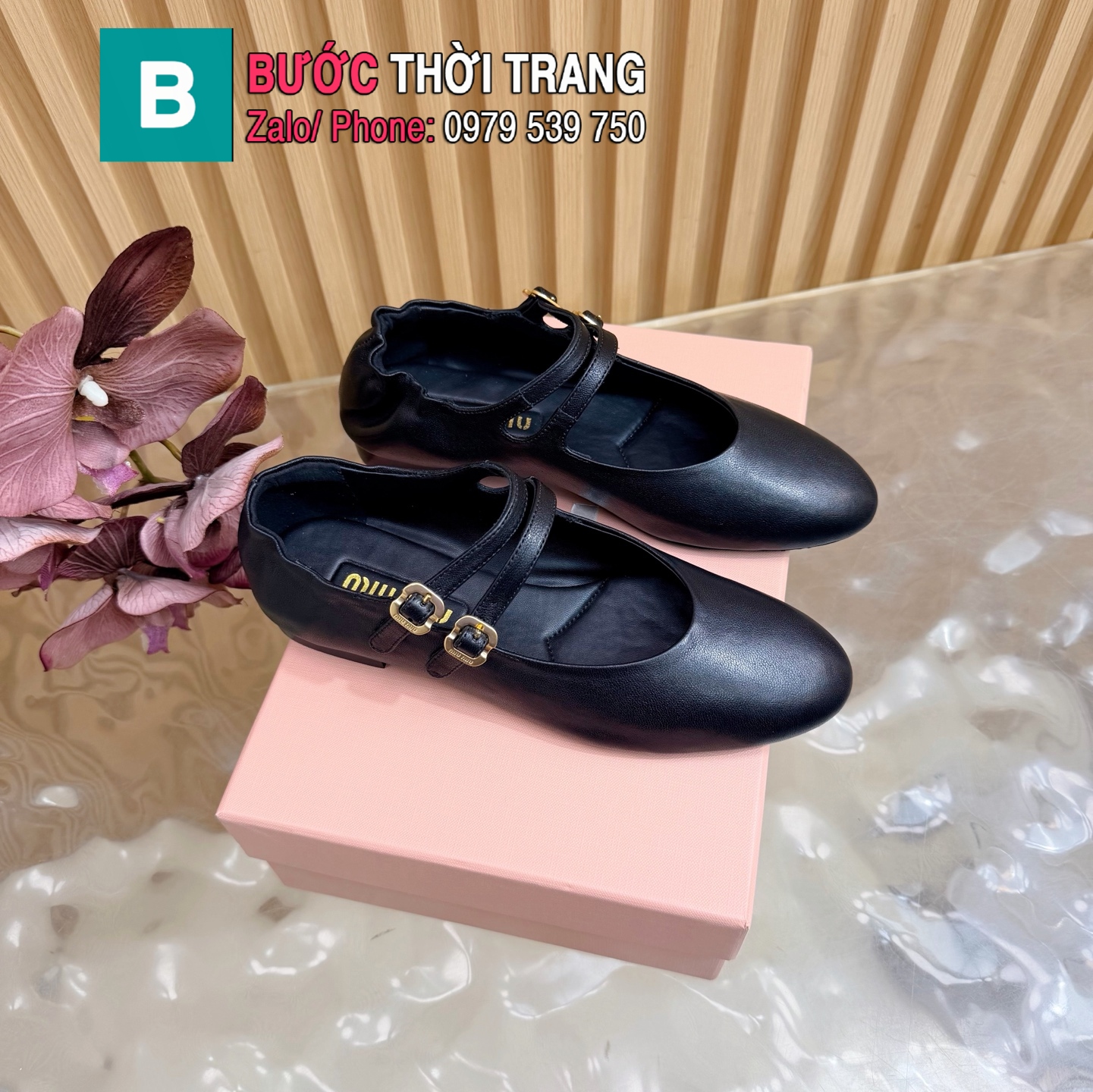 Giày búp bê ballet MIU MIU màu đen da bò cao cấp 2 mắc cài