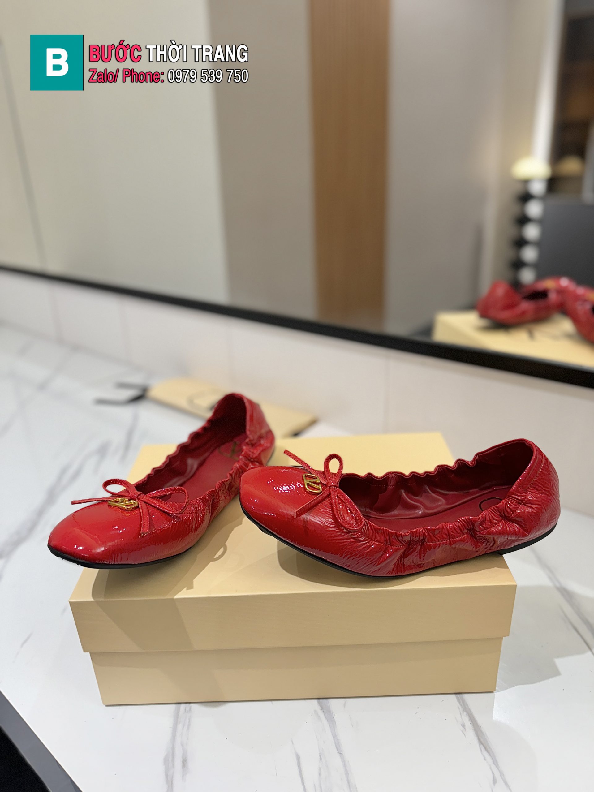 Giày búp bê nữ VALENTINO da mềm dẻo màu đỏ cam êm chân