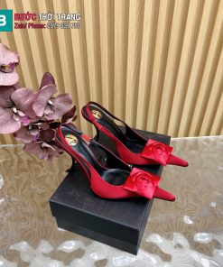 Giày cao gót YSL sandal mũi nhọn màu đỏ đính hoa hồng nổi bật