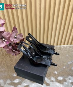 Giày cao gót YSL sandal mũi nhọn màu đen đính hoa hồng nổi bật