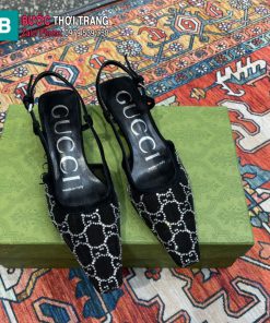 Giày cao gót nữ GUCCI cao cấp kiểu dáng sandal màu đen đính đá đế 4cm