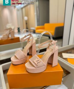 Giày cao gót nữ LV màu hồng nhạt dễ thương đế vuông cao 12 cm tôn dáng