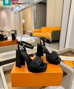 Giày cao gót nữ LV màu đen quý phái đế vuông cao 12 cm tôn dáng