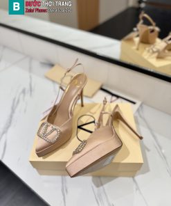 Giày cao gót nữ VALENTINO màu nude họa tiết chữ V đính đá trắng sang trọng đế 12cm