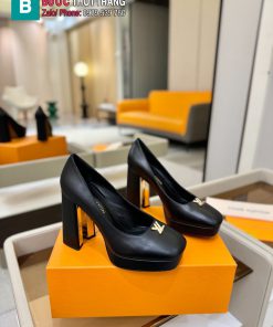 Giày cao gót nữ platform LV màu đen da lì đế vuông cao 11 cm