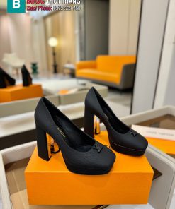 Giày cao gót nữ platform LV màu đen da sần đế vuông cao 11 cm