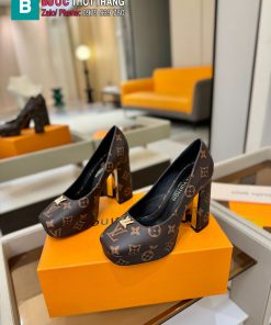 Giày cao gót nữ platform LV màu nâu họa tiết monogram đế vuông cao 11 cm
