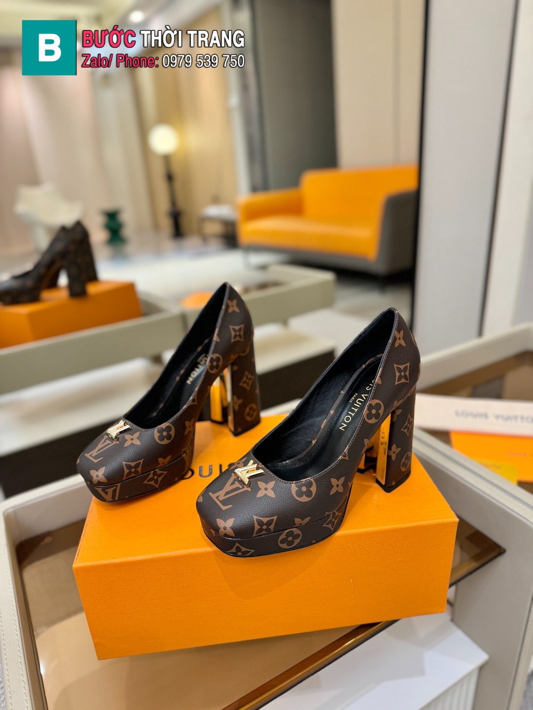 Giày cao gót nữ platform LV màu nâu họa tiết monogram đế vuông cao 11 cm