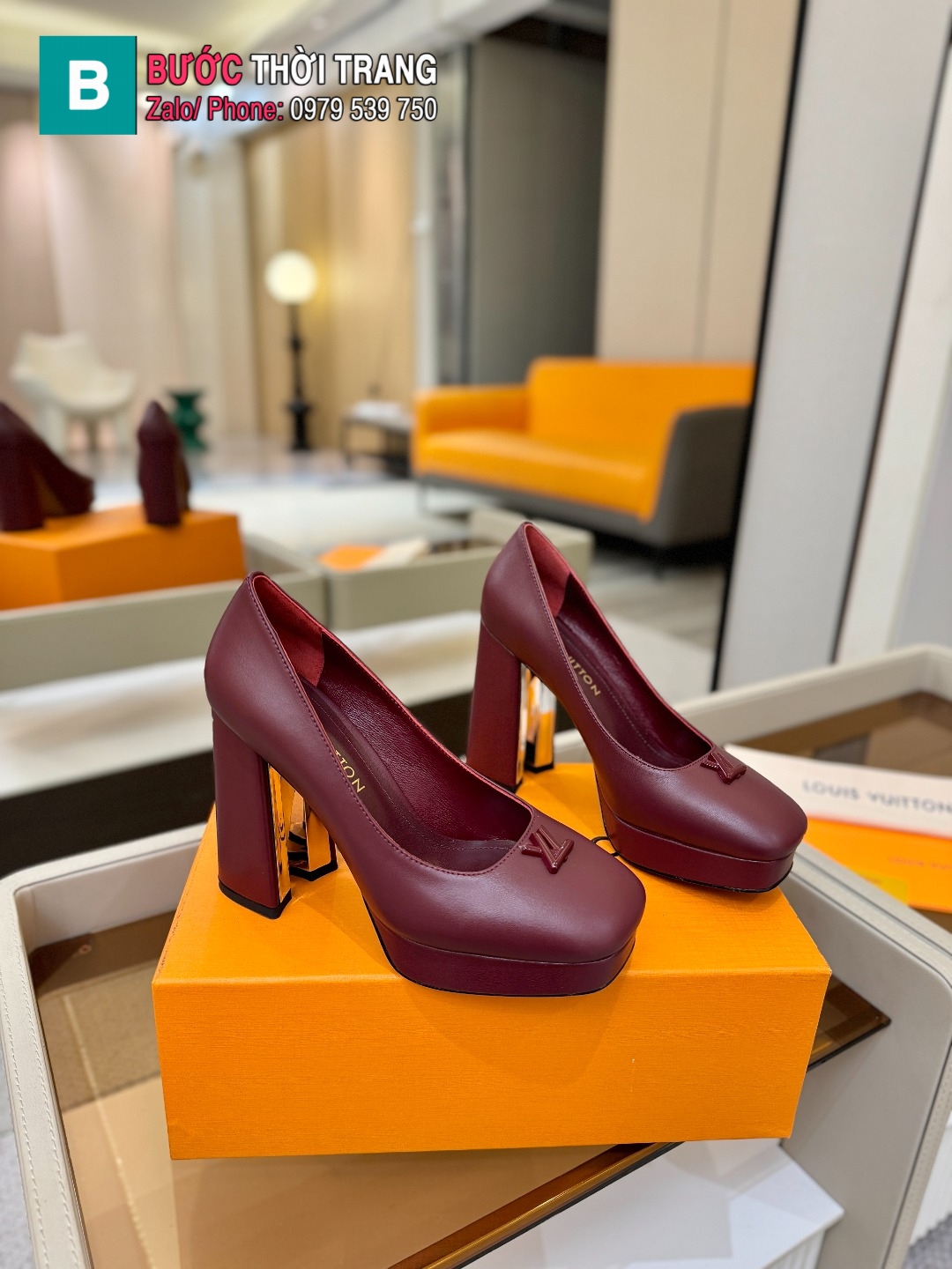 Giày cao gót nữ platform LV màu đỏ mận đế vuông cao 11 cm