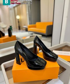 Giày cao gót nữ platform LV màu đen da bóng nhẹ đế vuông cao 11 cm