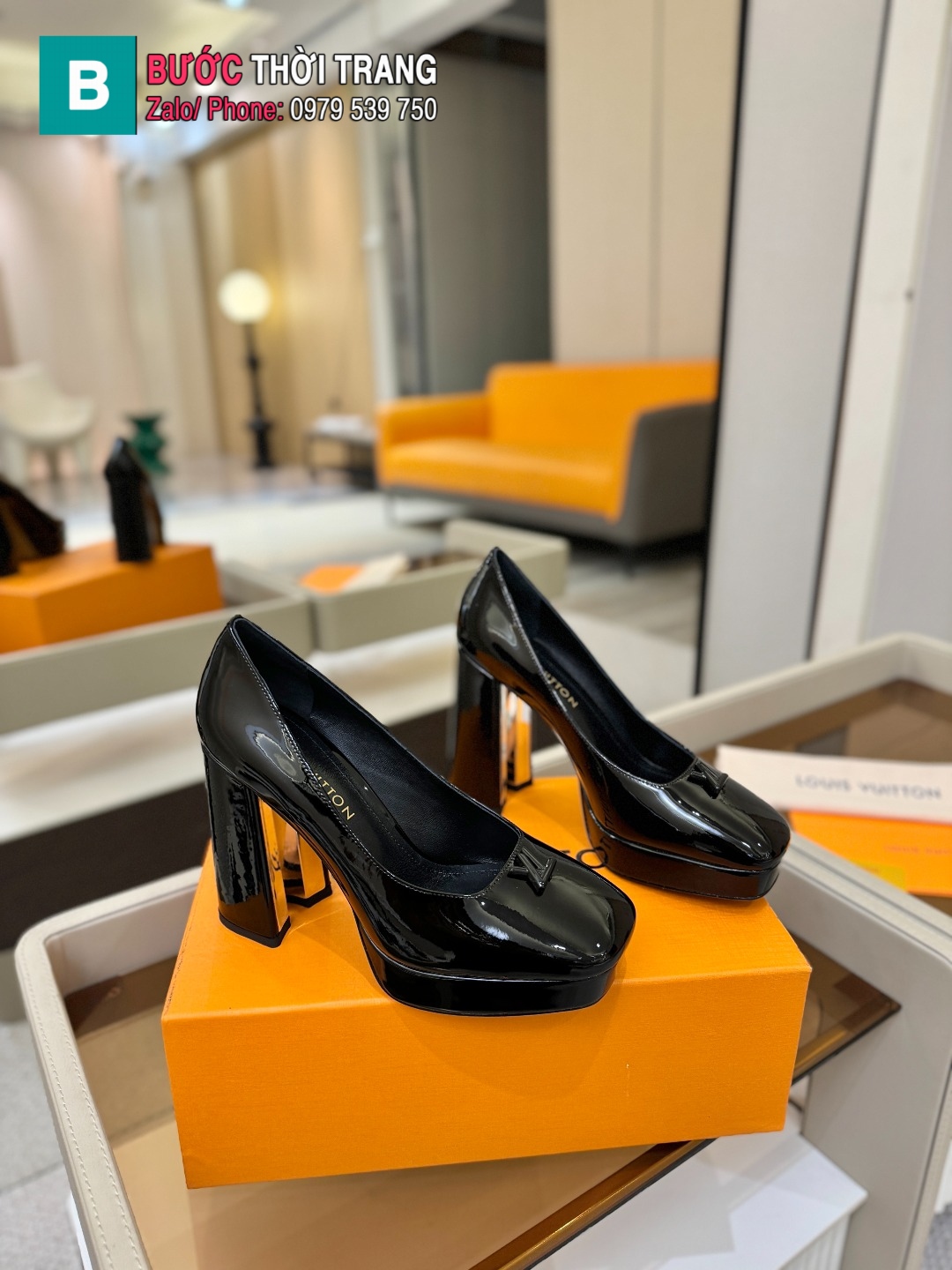Giày cao gót nữ platform LV màu đen da bóng nhẹ đế vuông cao 11 cm