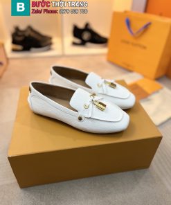 Giày lười LV nữ màu trắng phong cách basic đế cao su đàn hồi vượt trội đính khóa nổi bật
