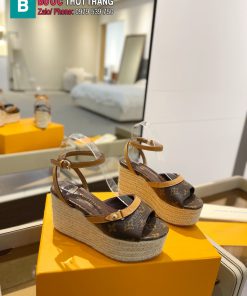 Sandal đế xuồng LV dây thừng cao cấp màu nâu họa tiết monogram đế 6cm