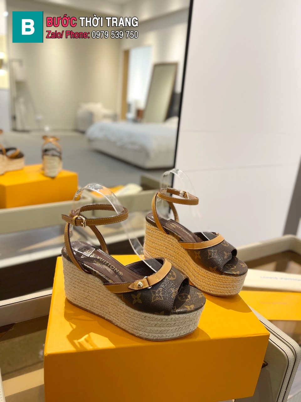 Sandal đế xuồng LV dây thừng cao cấp màu nâu họa tiết monogram đế 6cm
