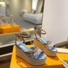 Sandal đế xuồng LV dây thừng cao cấp màu xanh họa tiết monogram đế 6cm