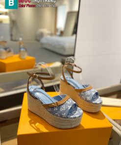 Sandal đế xuồng LV dây thừng cao cấp màu xanh họa tiết monogram đế 6cm