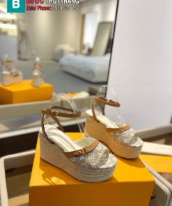 Sandal đế xuồng LV dây thừng cao cấp màu ghi họa tiết monogram đế 6cm