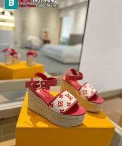 Sandal đế xuồng LV dây thừng cao cấp màu đỏ cam họa tiết monogram đế 6cm