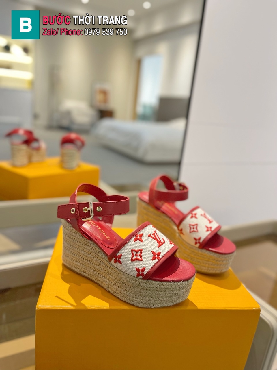 Sandal đế xuồng LV dây thừng cao cấp màu đỏ cam họa tiết monogram đế 6cm