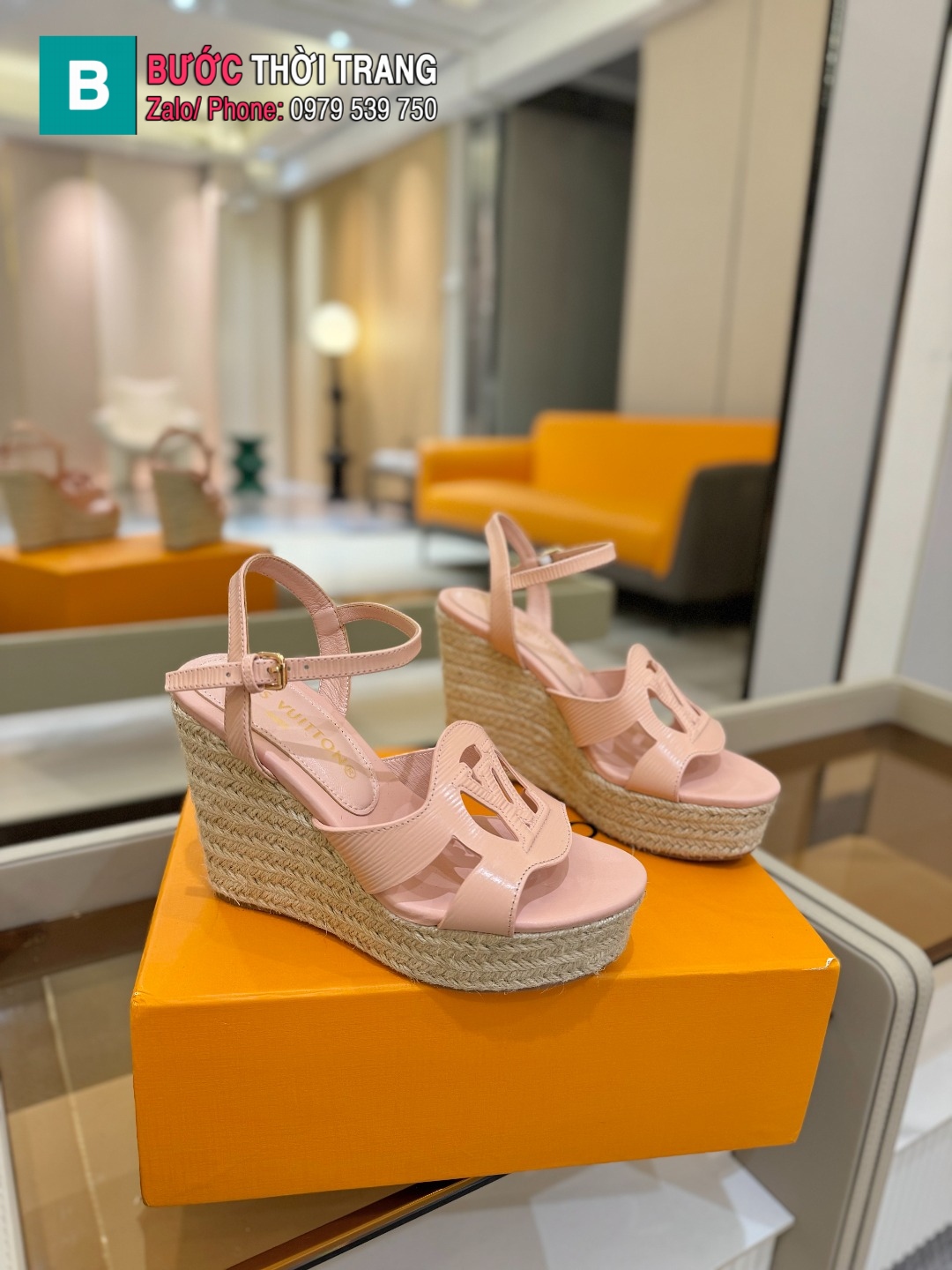 Sandal đế xuồng LV dây thừng cao cấp màu hồng nhạt dễ thương đế 10 cm