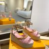 Sandal đế xuồng LV dây thừng cao cấp màu hồng họa tiết monogram đế 6cm