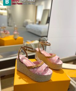 Sandal đế xuồng LV dây thừng cao cấp màu hồng họa tiết monogram đế 6cm