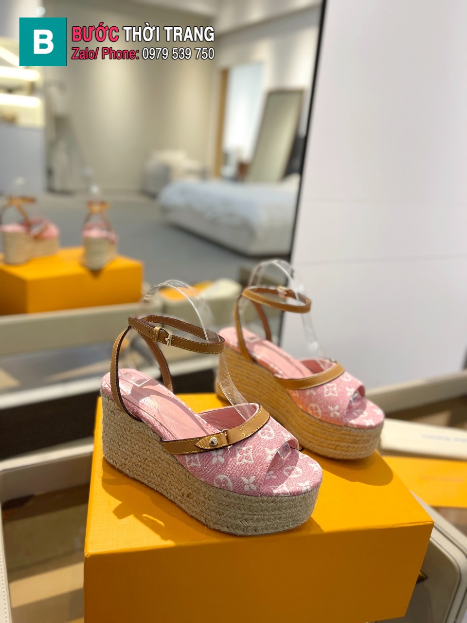 Sandal đế xuồng LV dây thừng cao cấp màu hồng họa tiết monogram đế 6cm