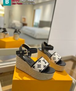 Sandal đế xuồng LV dây thừng cao cấp màu đen họa tiết monogram đế 6cm