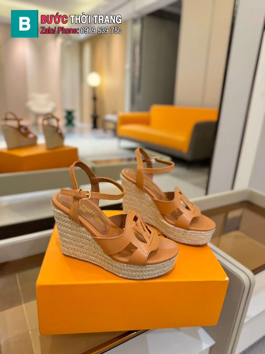 Sandal đế xuồng LV dây thừng cao cấp màu nâu sang trọng đế 10 cm